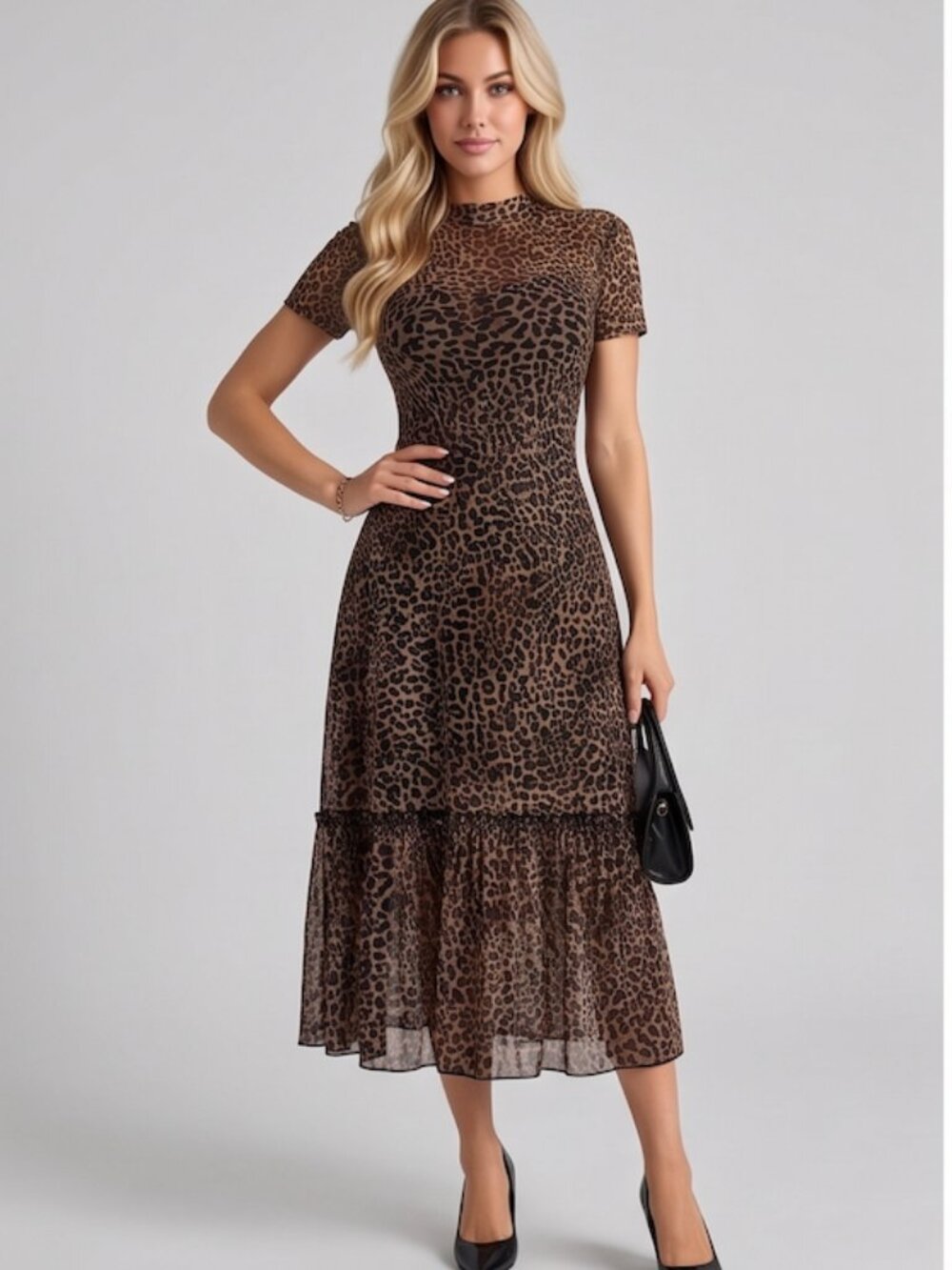 Leopard Print Mock Neck Midi Dress Sheer Mesh Short Sleeve Ruffle Hem